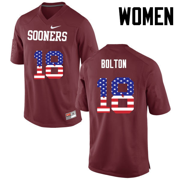 Women Oklahoma Sooners #18 Curtis Bolton College Football USA Flag Fashion Jerseys-Crimson - Click Image to Close